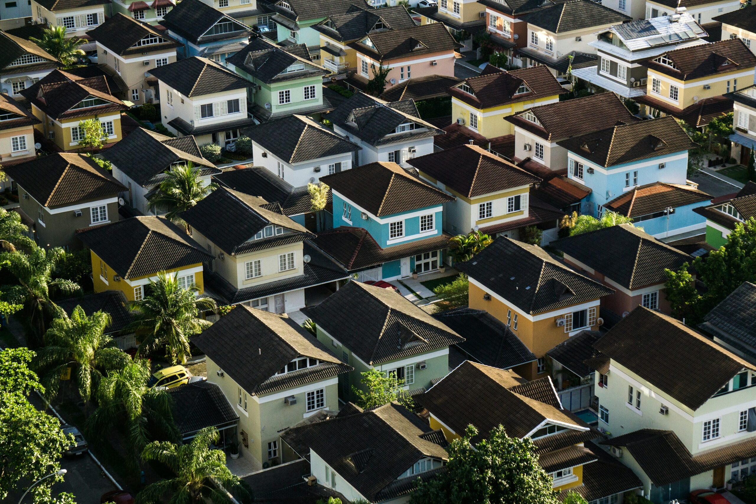 High-angle, long shot of a densely packed residential neighbourhood